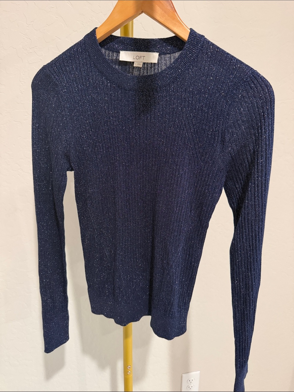 LOFT Navy Sparkle Ribbed Crewneck Sweater